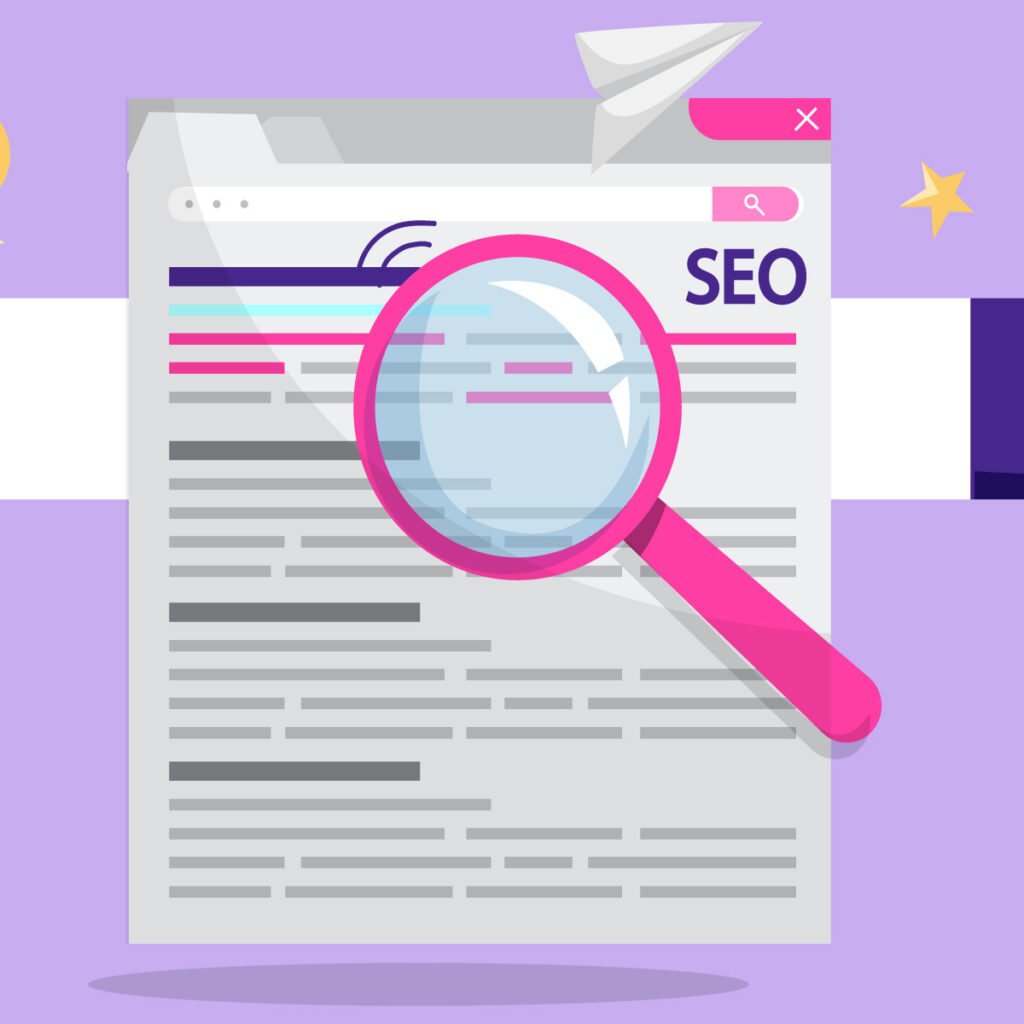 Ilustración de SEO con lupa sobre un documento