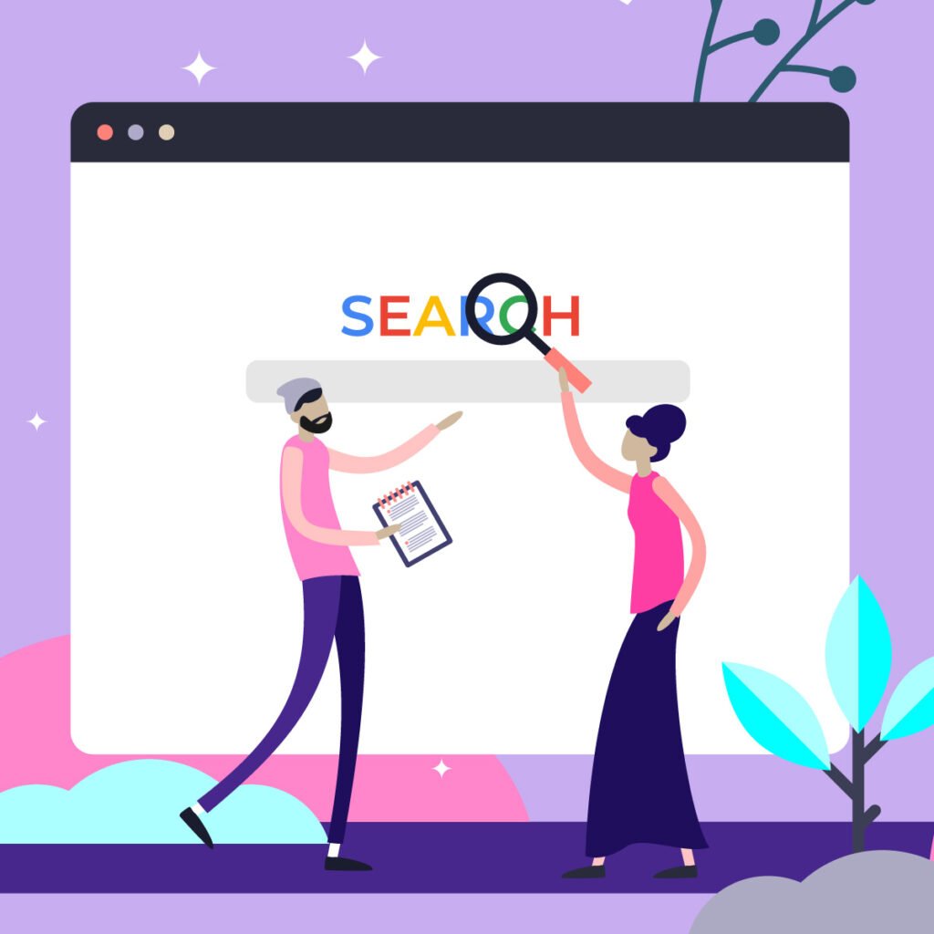 Ilustración de dos personas optimizando una búsqueda en Google para mejorar el posicionamiento digital.